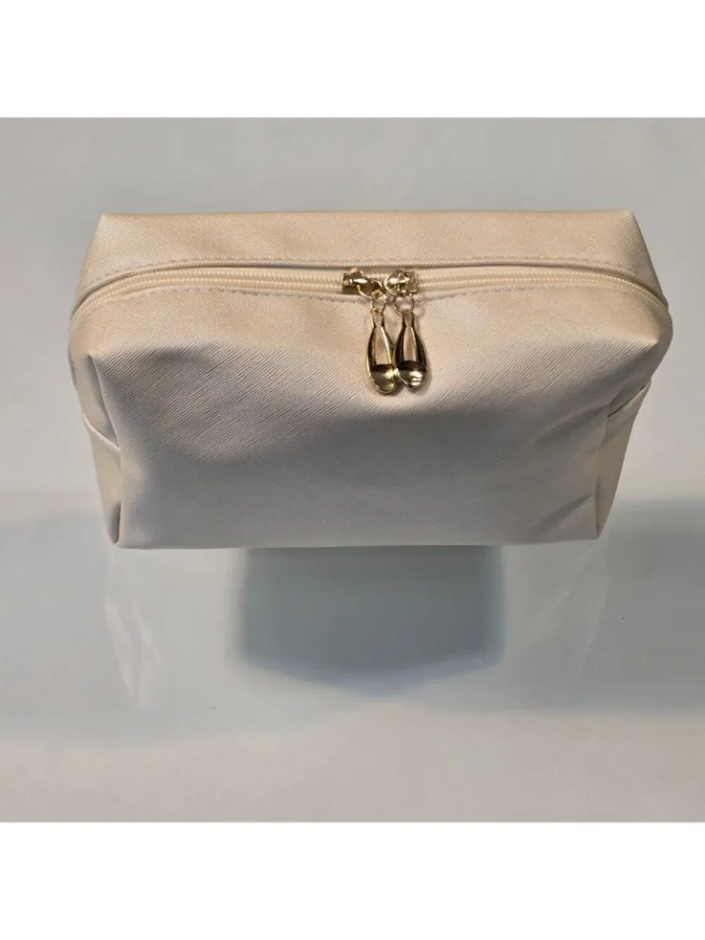 Waterproof PU Leather Beige Case Travel Makeup Bag 2 Gold-Toned Zipper Pulls